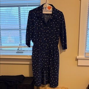 Elegant Navy Polka Dot Long Sleeve Dress